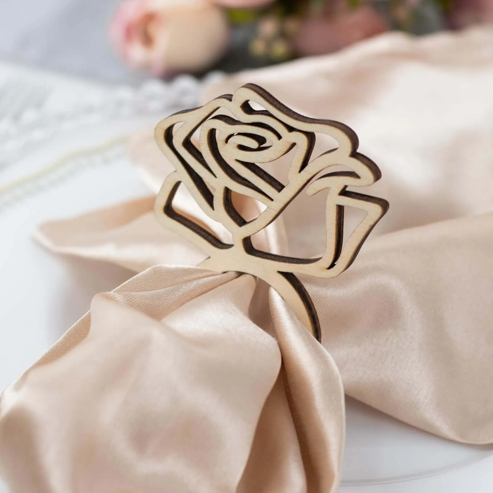 10 Pack 4" Natural Wood Laser Cut Rose Design Rustic Napkin Rings, Boho Farmhouse Napkin Holders