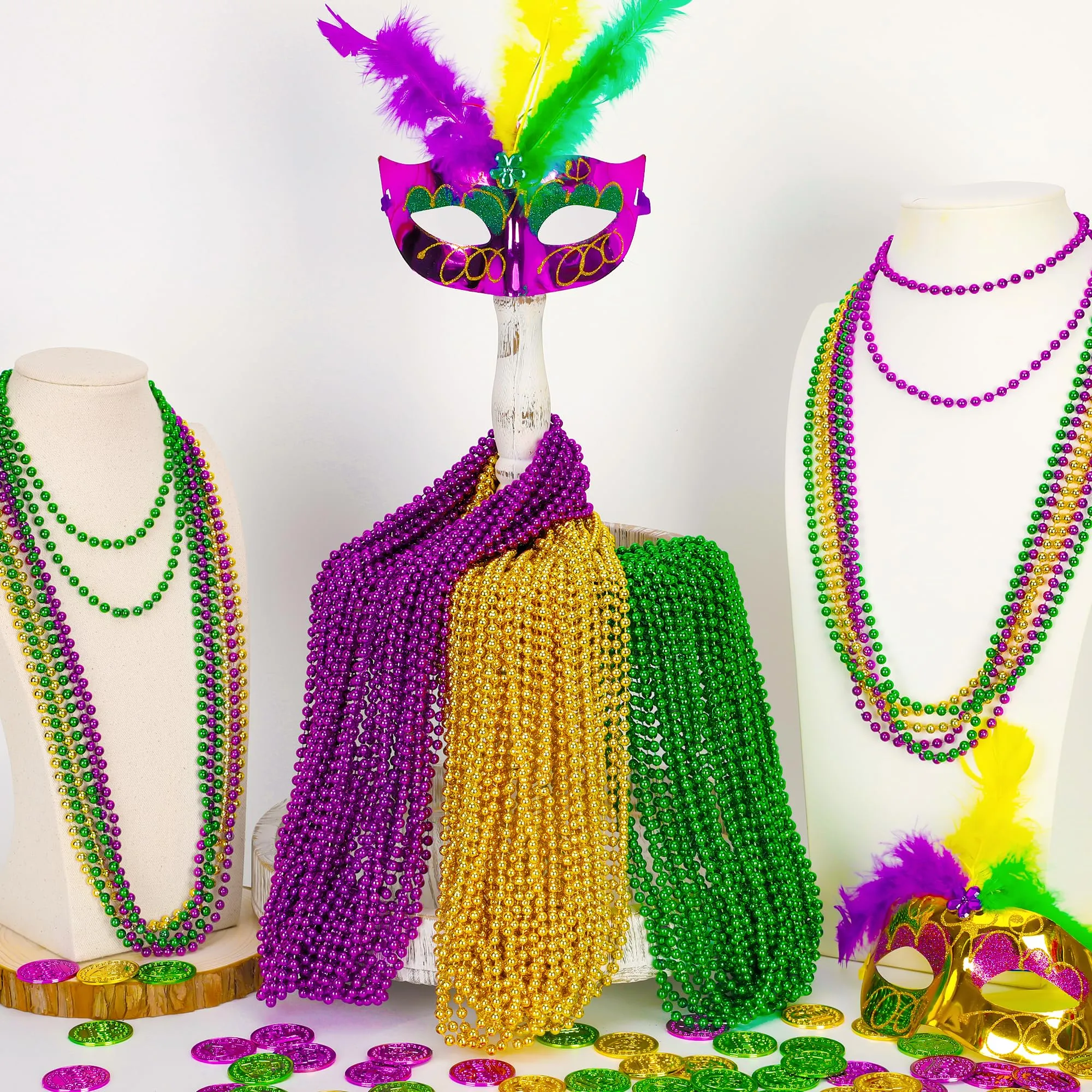 144PCS Mardi Gras Beads, Mardi Gras Green Purple Gold Metallic Beads Necklaces Accessories Bulk, Mardi Gras Beads Necklace Costumes Women Men Kids for Parade Throws Party Decorations Favor Supplies