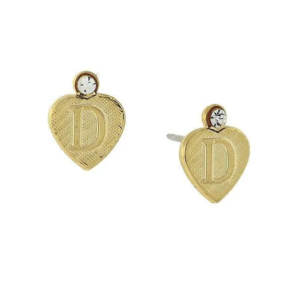 1928 Jewelry Round Crystal Gold Initial Heart Stud Earrings