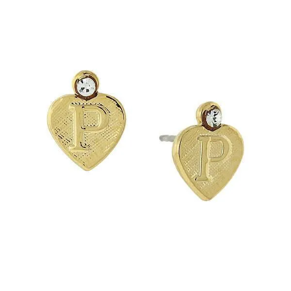 1928 Jewelry Round Crystal Gold Initial Heart Stud Earrings