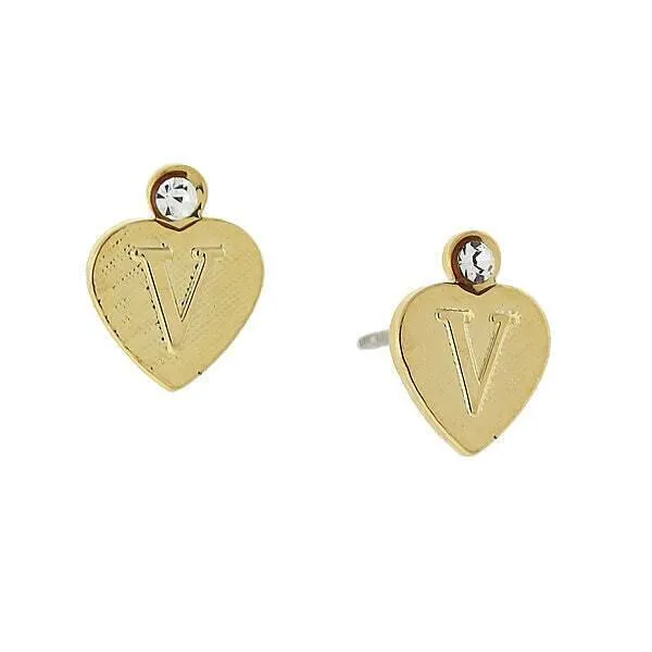 1928 Jewelry Round Crystal Gold Initial Heart Stud Earrings