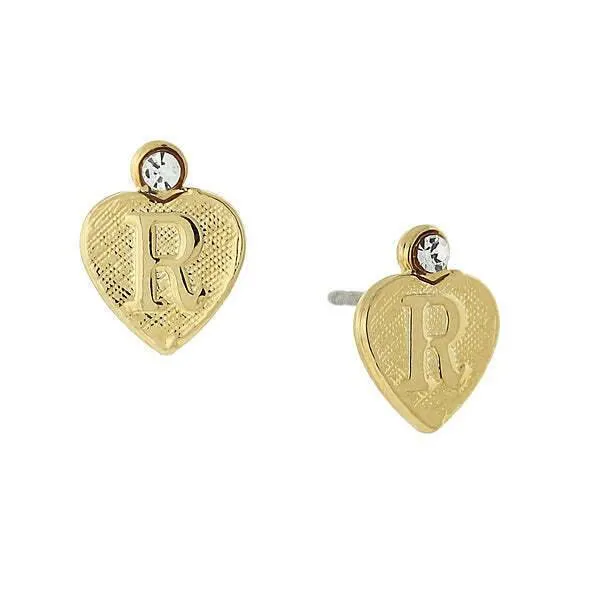 1928 Jewelry Round Crystal Gold Initial Heart Stud Earrings