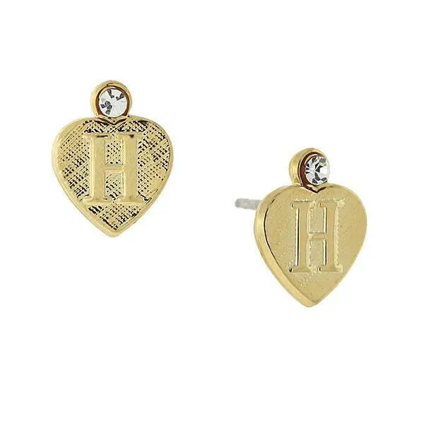 1928 Jewelry Round Crystal Gold Initial Heart Stud Earrings