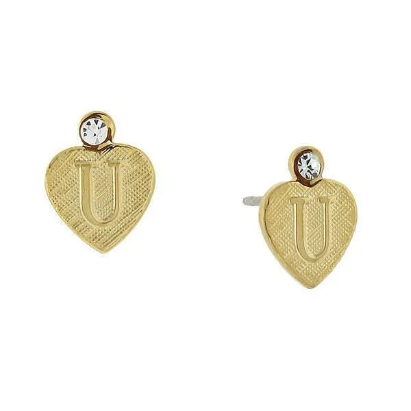 1928 Jewelry Round Crystal Gold Initial Heart Stud Earrings