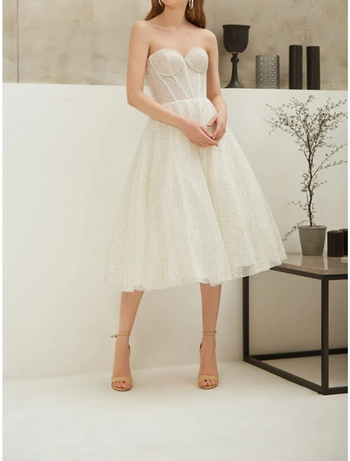 A-Line Cocktail Dresses Party Dress Party Wear Engagement Knee Length Sleeveless Strapless Sequined with Pleats Sequin