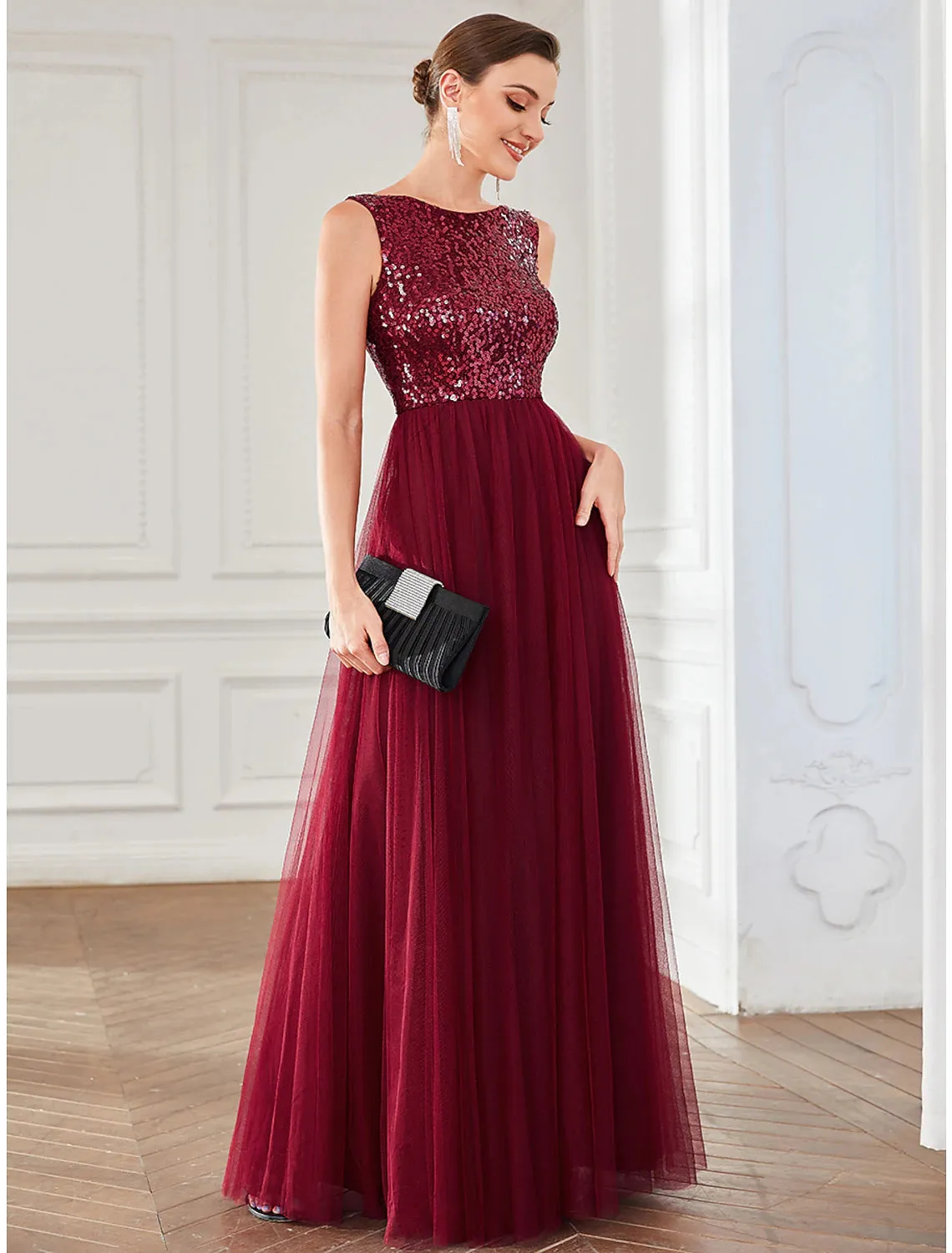 A-Line Party Dresses Elegant Dress Wedding Guest Floor Length Sleeveless Jewel Neck Tulle with Sequin