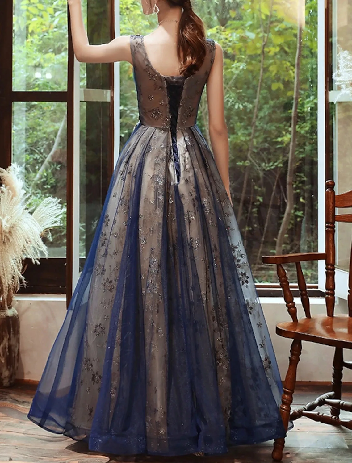 A-Line Prom Dresses Glittering Dress Evening Party Wedding Guest Floor Length Sleeveless Scoop Neck Organza with Sequin