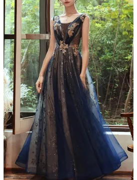 A-Line Prom Dresses Glittering Dress Evening Party Wedding Guest Floor Length Sleeveless Scoop Neck Organza with Sequin