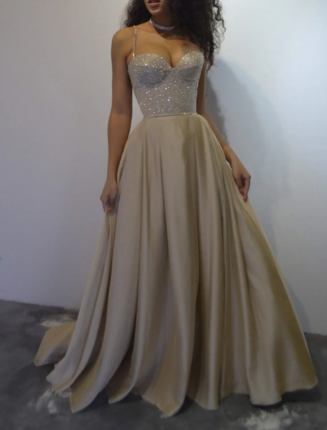 A-Line Prom Dresses Glittering Dress Wedding Guest Wedding Party Court Train Sleeveless Spaghetti Strap Tulle with Sequin