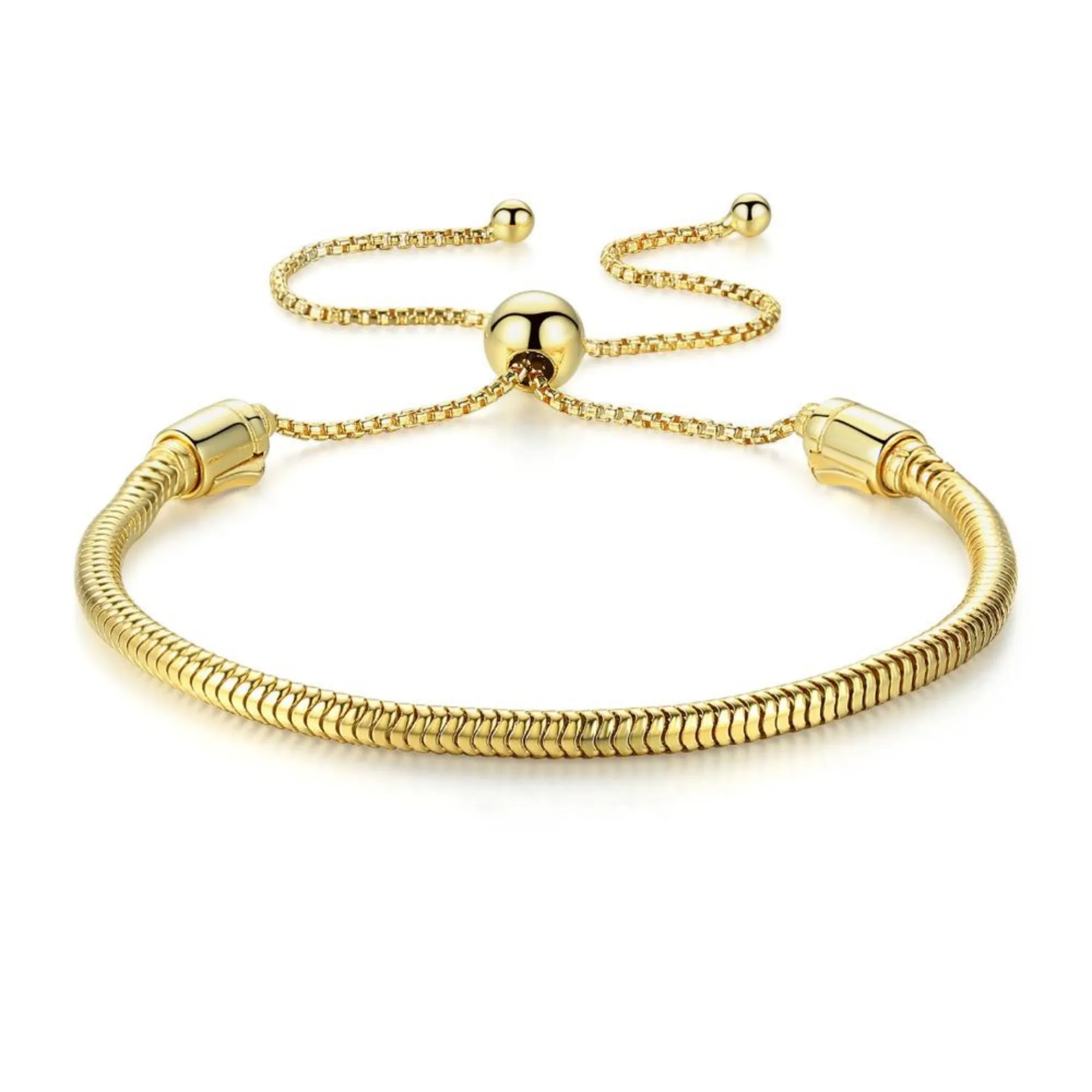 Adjustable Snake Chain Yellow Gold over Bead Charm Bracelet