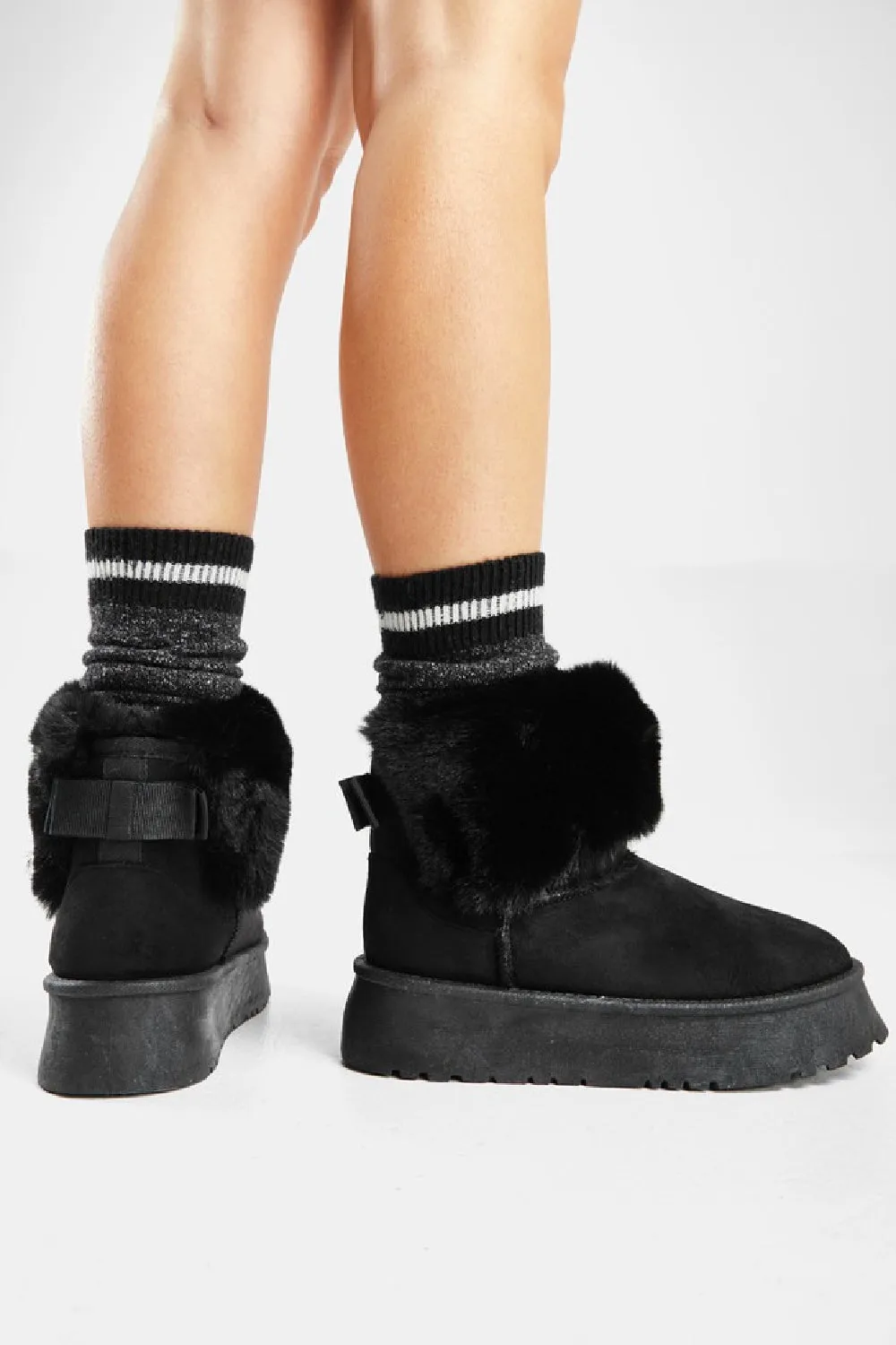 BLACK FAUX FUR LINED CHUNKY PLATFORM BOW DETAIL FUR COLLAR ANKLE BOOTS