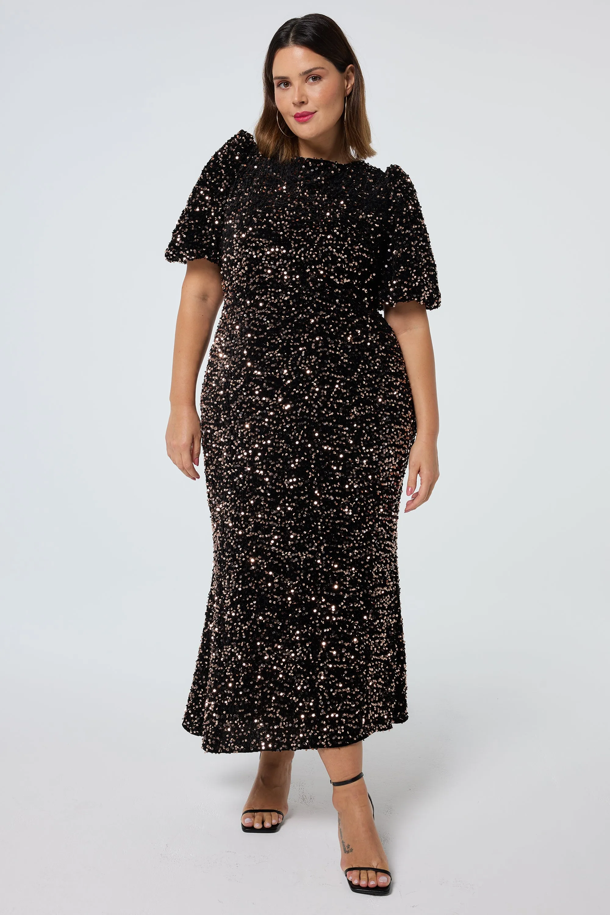 Bronze Sequin Tie Back Puff Sleeve Velvet Midi Dress