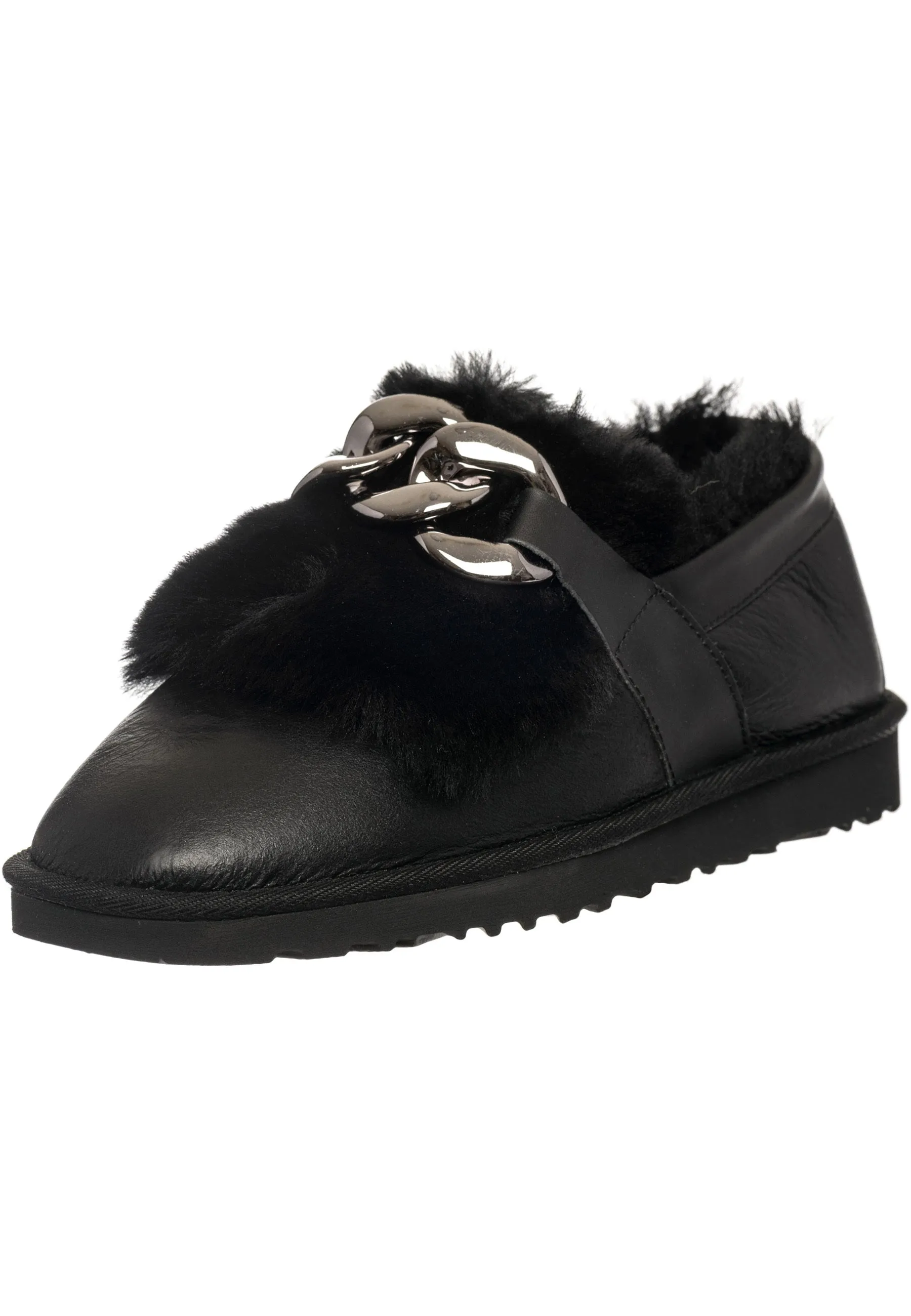 Chain Fur Lined Loafers - Black