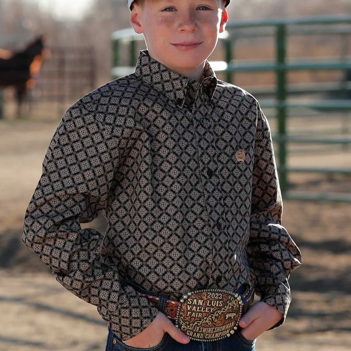 Cinch Youth Boy's L/S Medallion Western Button Down Shirt in Black