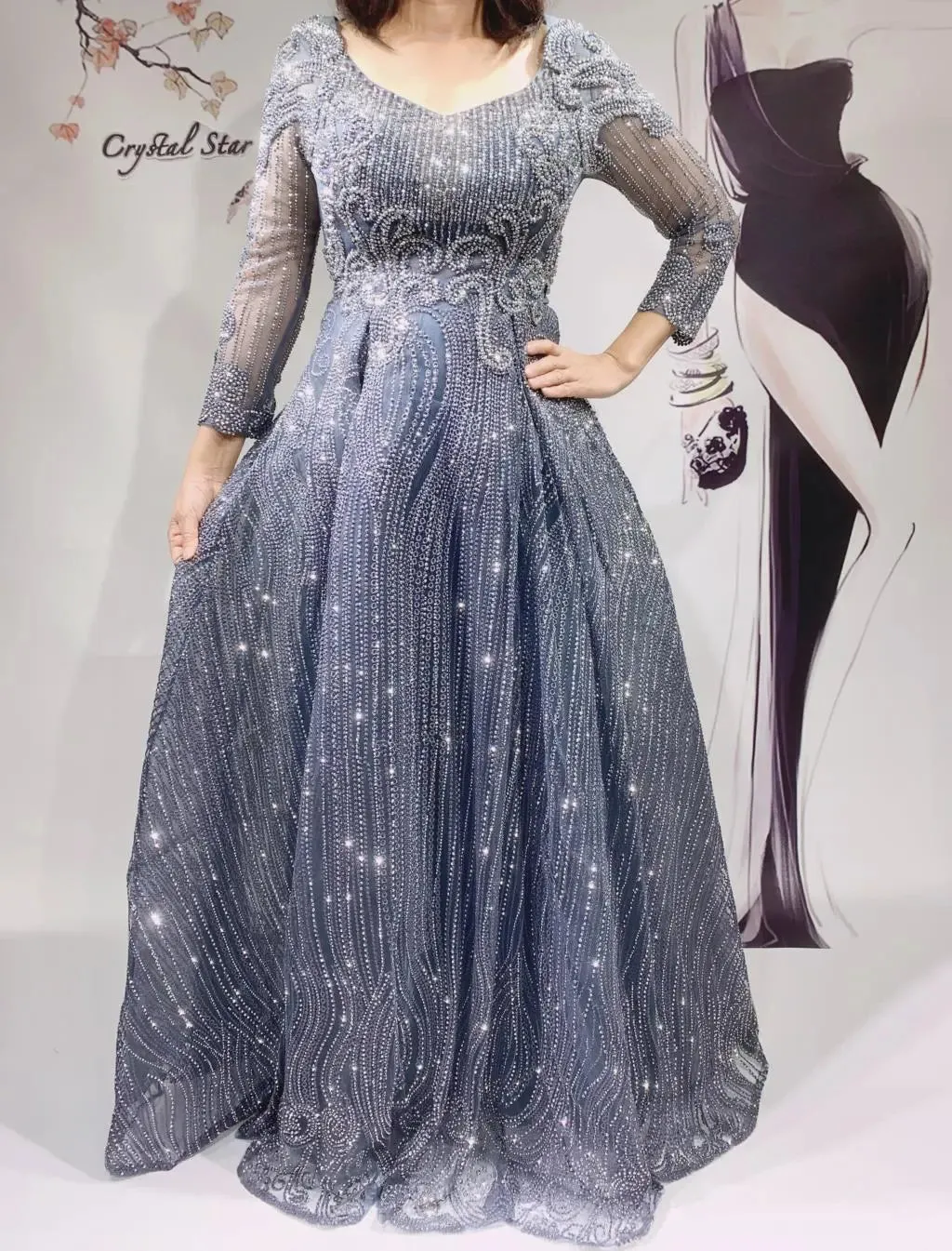 Dubai Luxury Beaded Long Sleeves Evening Dress