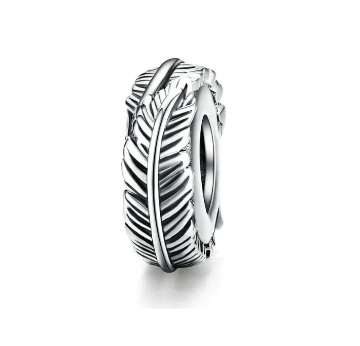 Engraved Lucky Feather Stopper Charm 925 Sterling Silver