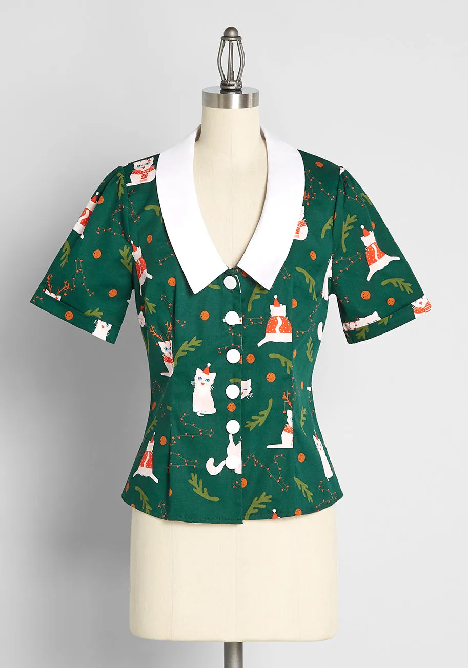 Felines Feeling Festive Button-Up Blouse