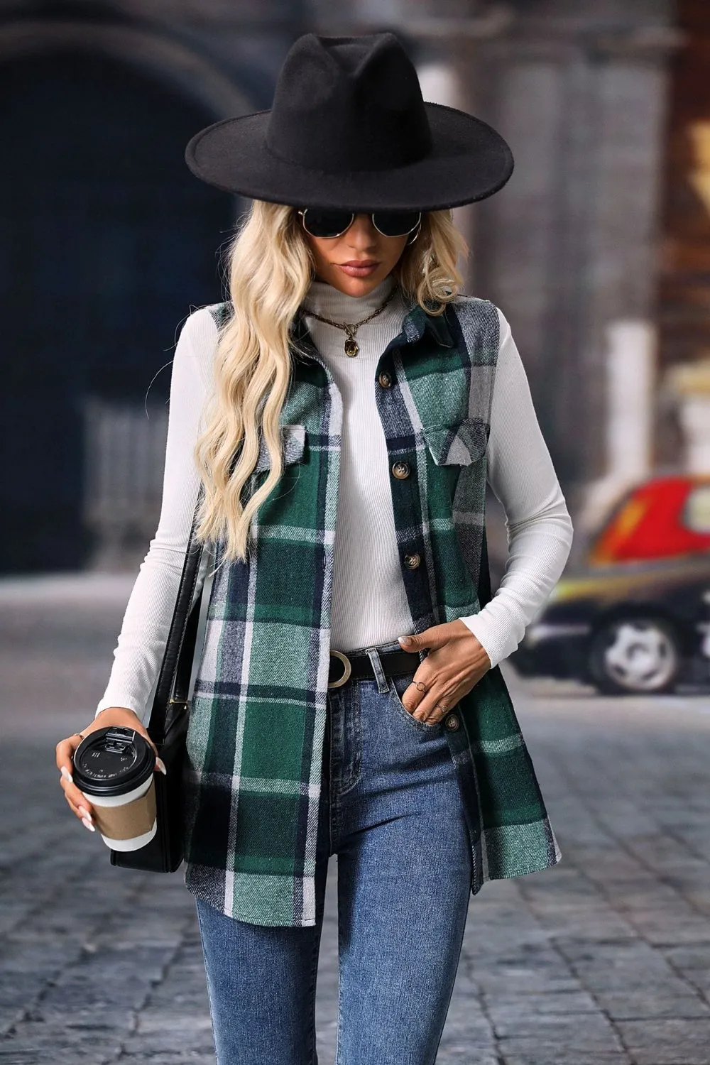 Festive Plaid Button Up Vest Coat