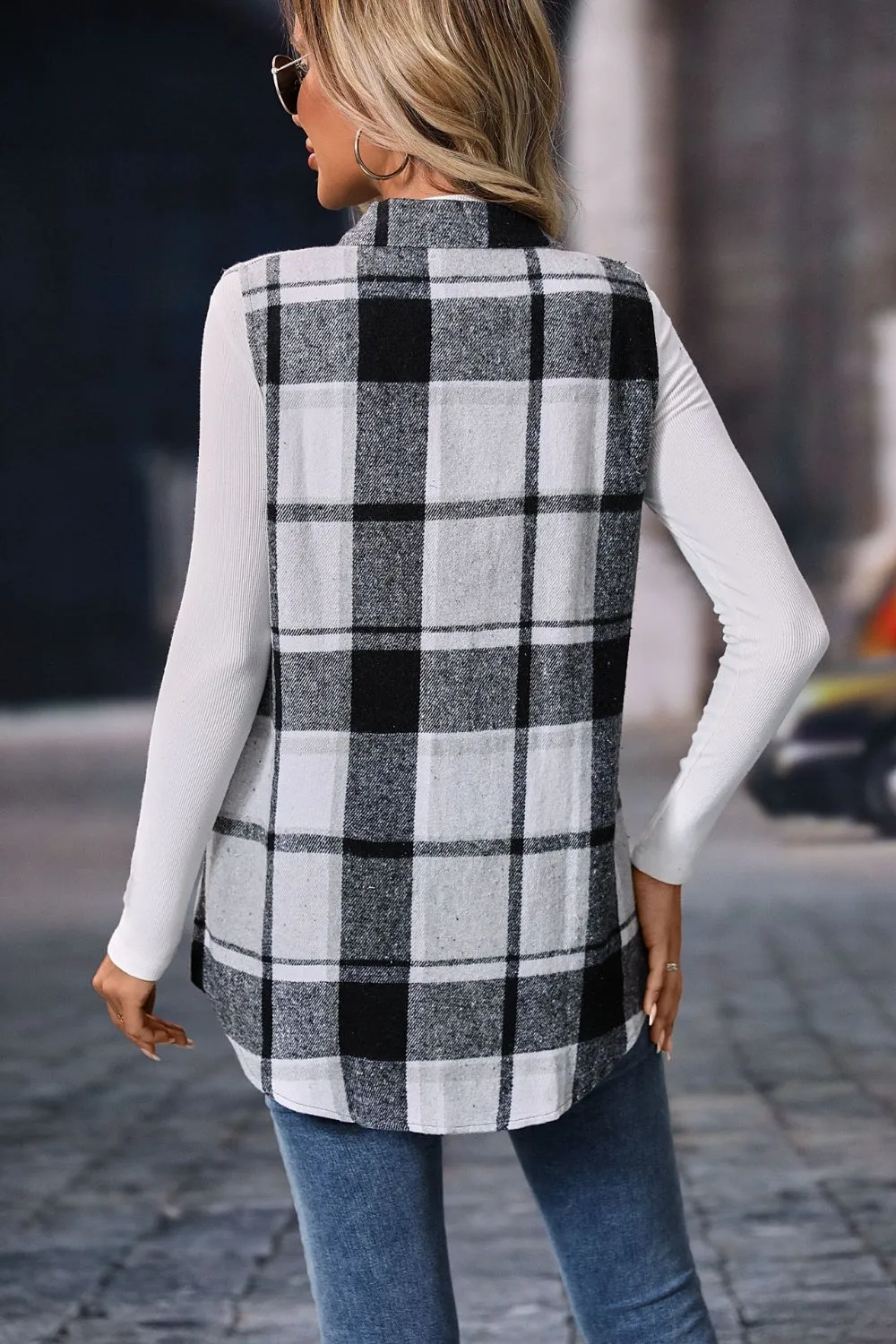 Festive Plaid Button Up Vest Coat