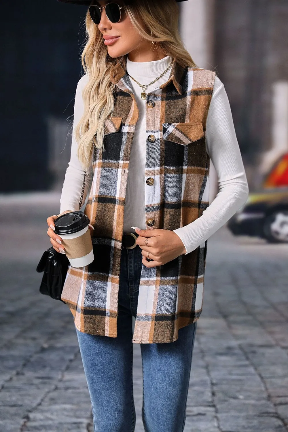 Festive Plaid Button Up Vest Coat