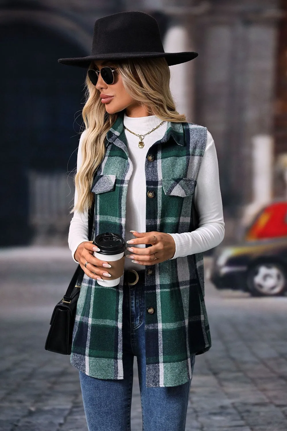 Festive Plaid Button Up Vest Coat