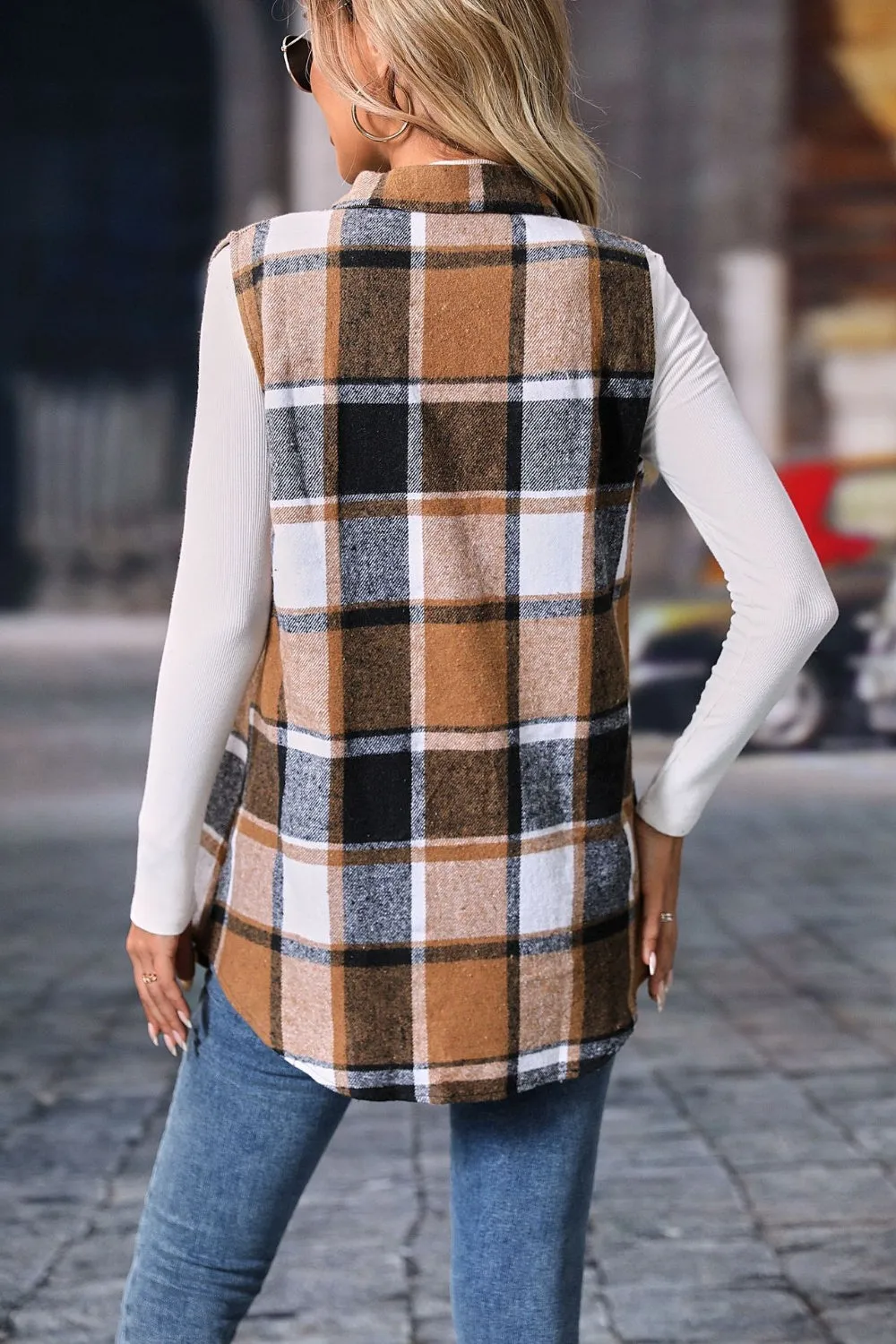 Festive Plaid Button Up Vest Coat