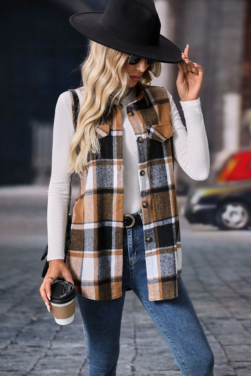 Festive Plaid Button Up Vest Coat