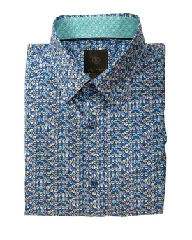 F/X Fusion Royal and Teal Mosaic Print Hidden Button Down Sport Shirt