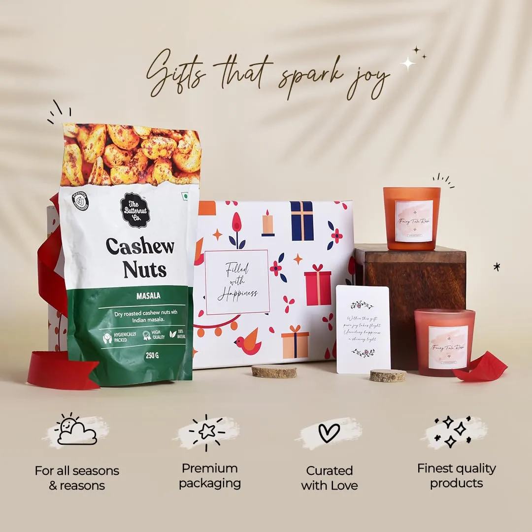 Gleevers Indulgent Delights Gift for Housewarming & Diwali|Gift Box of 3 with Cashew(250 g) & 2 Candles (Rose,60 g)|Gift for Housewarming, Dry Fruits Gift Pack, Diwali Gift