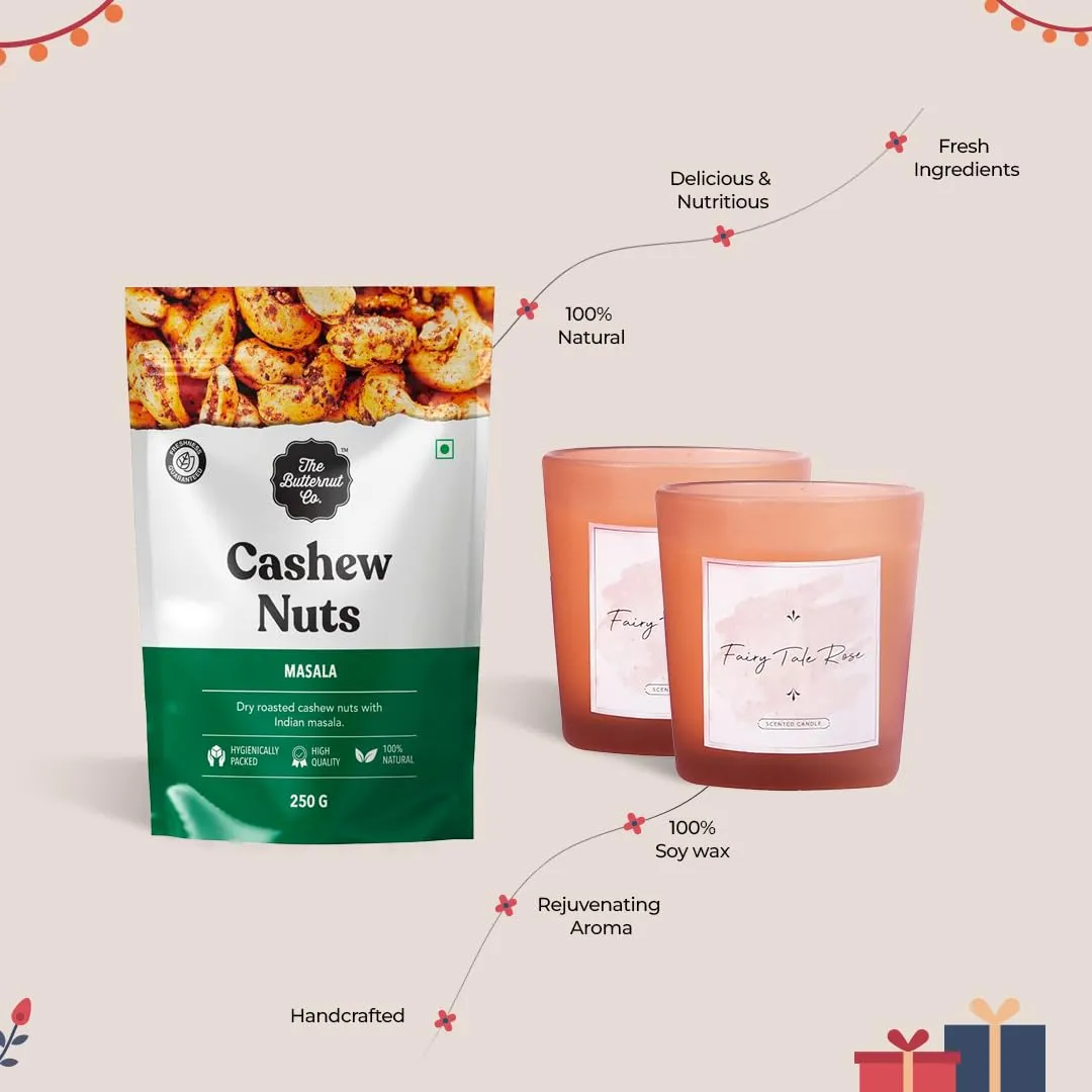 Gleevers Indulgent Delights Gift for Housewarming & Diwali|Gift Box of 3 with Cashew(250 g) & 2 Candles (Rose,60 g)|Gift for Housewarming, Dry Fruits Gift Pack, Diwali Gift