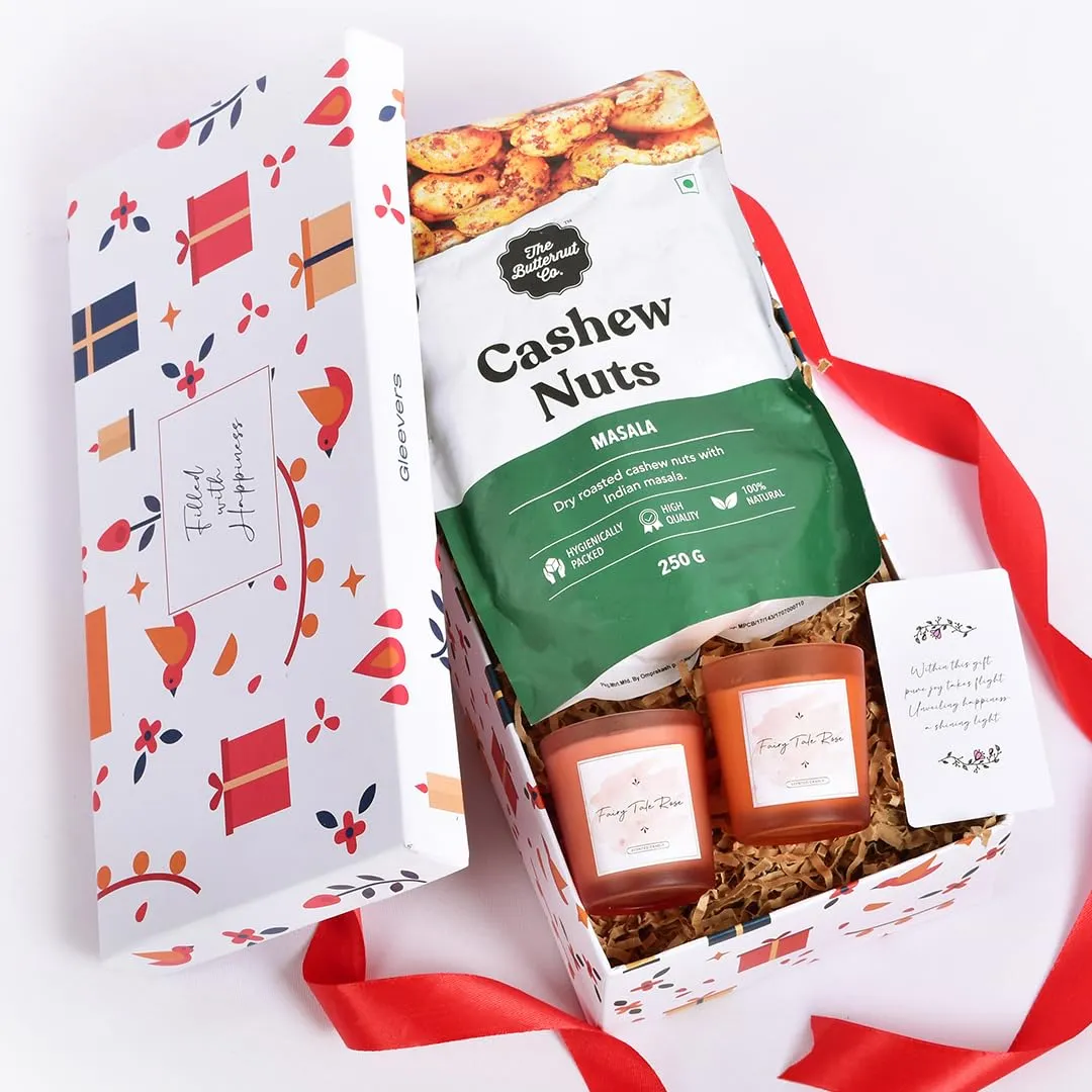 Gleevers Indulgent Delights Gift for Housewarming & Diwali|Gift Box of 3 with Cashew(250 g) & 2 Candles (Rose,60 g)|Gift for Housewarming, Dry Fruits Gift Pack, Diwali Gift