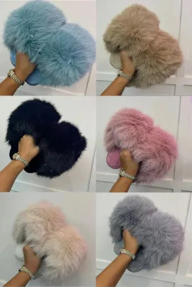 GLITTER MIXED COLOUR EXTREME OVERSIZED FAUX FUR FLUFFY SLIPPERS (PACK OF 36 PAIRS)