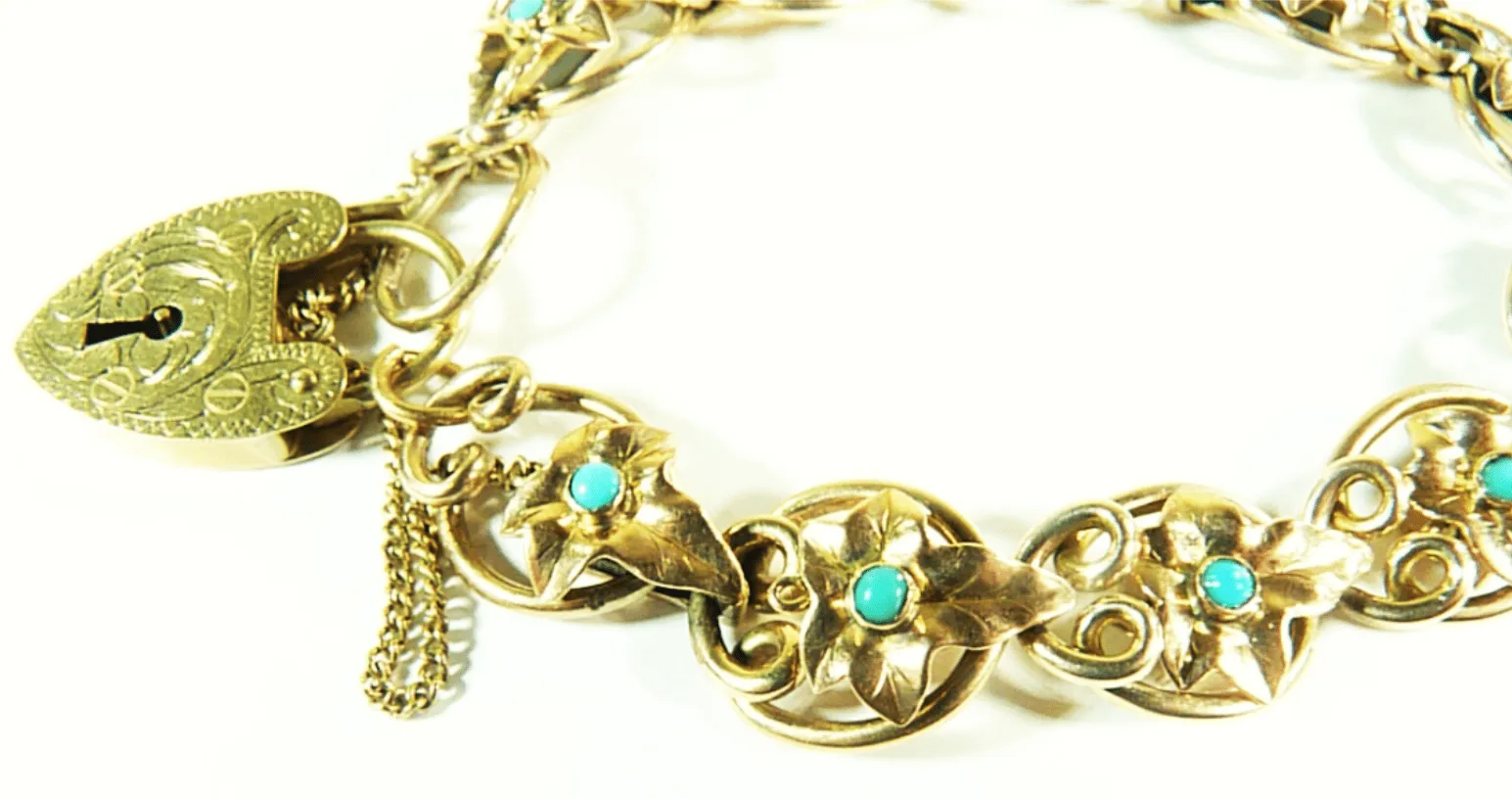 Gold Heart Bracelet Rare Antique 9ct Gold Turquoise / Gem Set Expandable Bracelet 1911