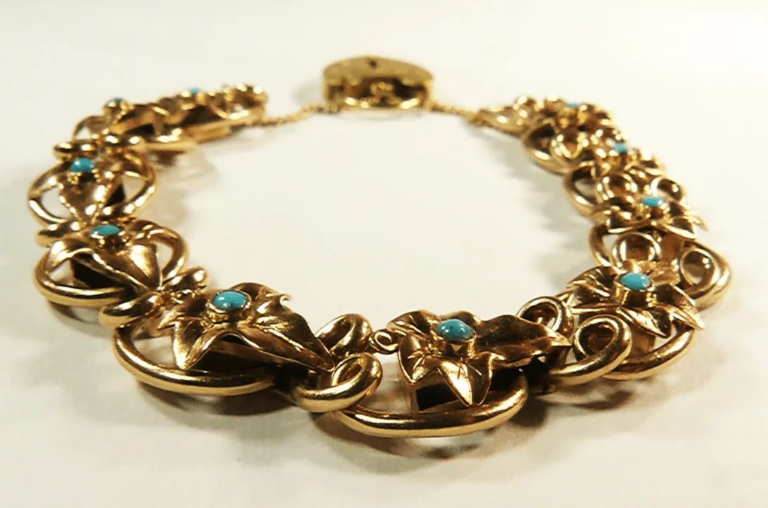 Gold Heart Bracelet Rare Antique 9ct Gold Turquoise / Gem Set Expandable Bracelet 1911