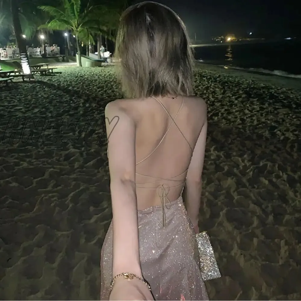 Hnewly Fashion Sequin Pink Dress Women Sexy Backless Slim Fit Spaghetti Strap Dresses Elegant Off Shoulder Evening Party Dress