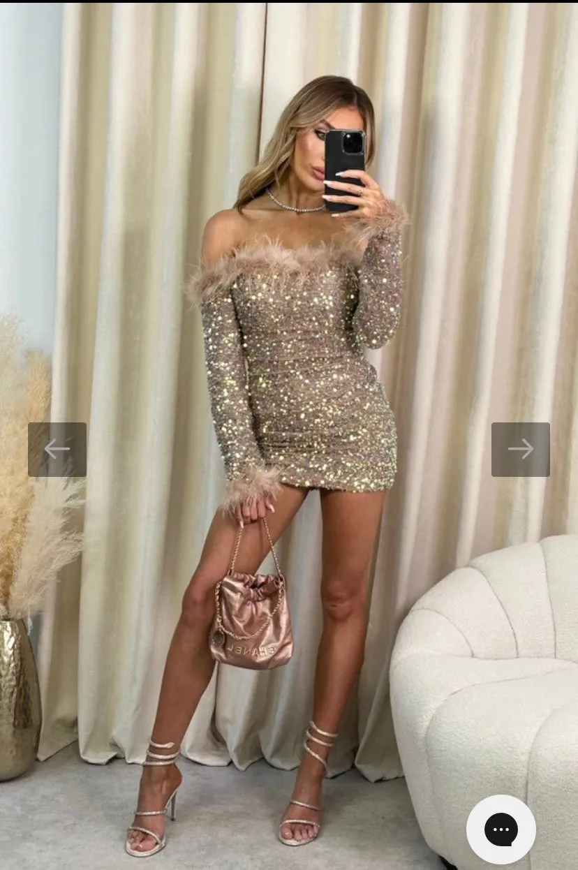 LARA CHAMPAGNE FEATHER SEQUIN OFF SHOULDER MINI DRESS