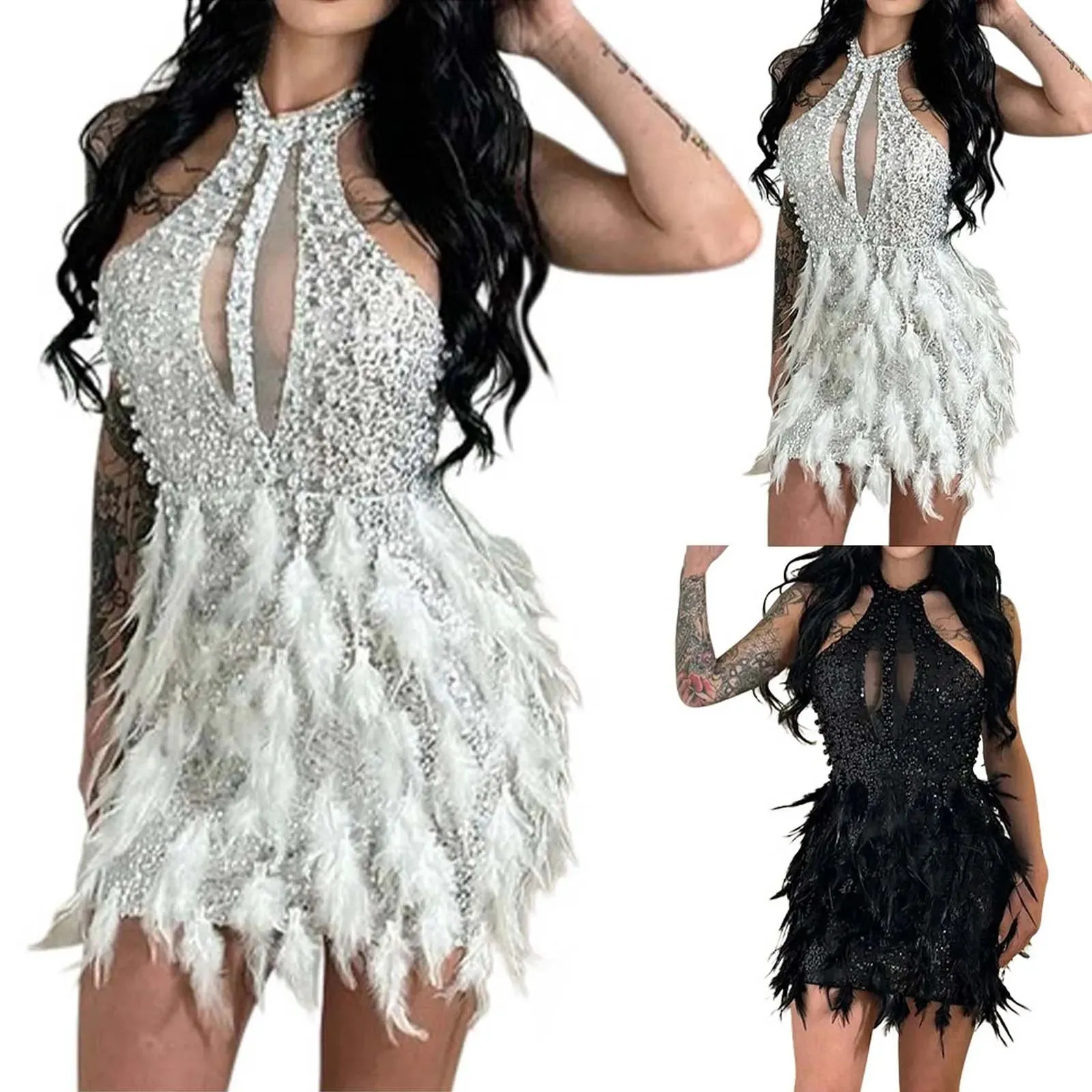 Luxury Silver Sequins White Feathers