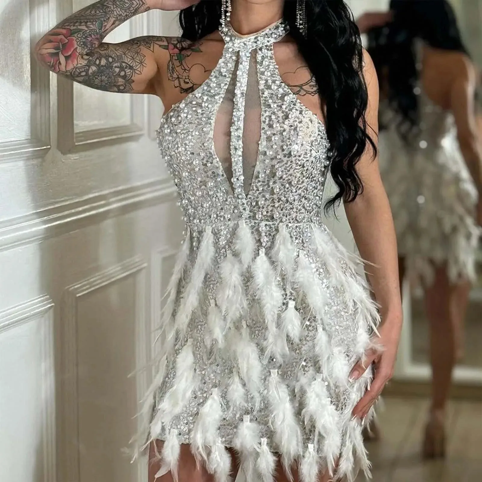 Luxury Silver Sequins White Feathers