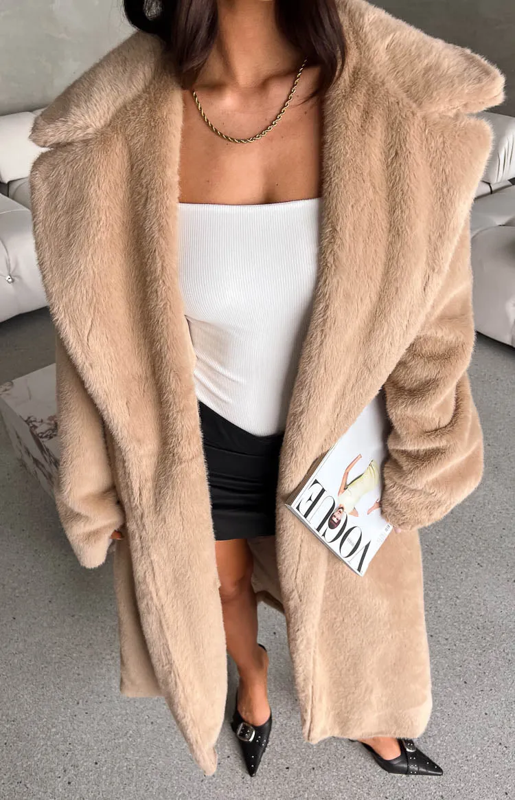 Lyrae Brown Full Length Faux Fur Coat