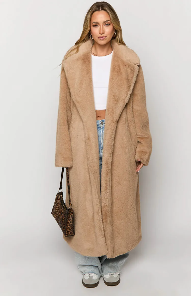 Lyrae Brown Full Length Faux Fur Coat