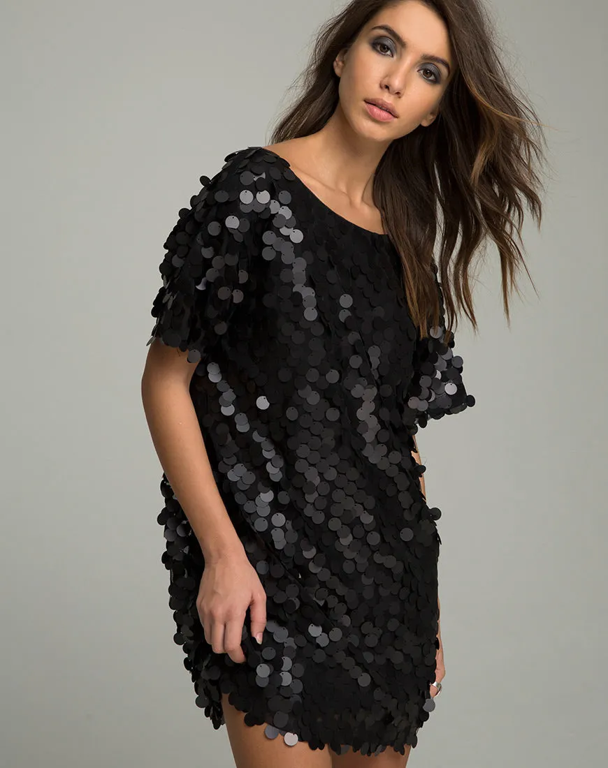 Mausi T Shirt Dress in Disc Sequin Matte Black