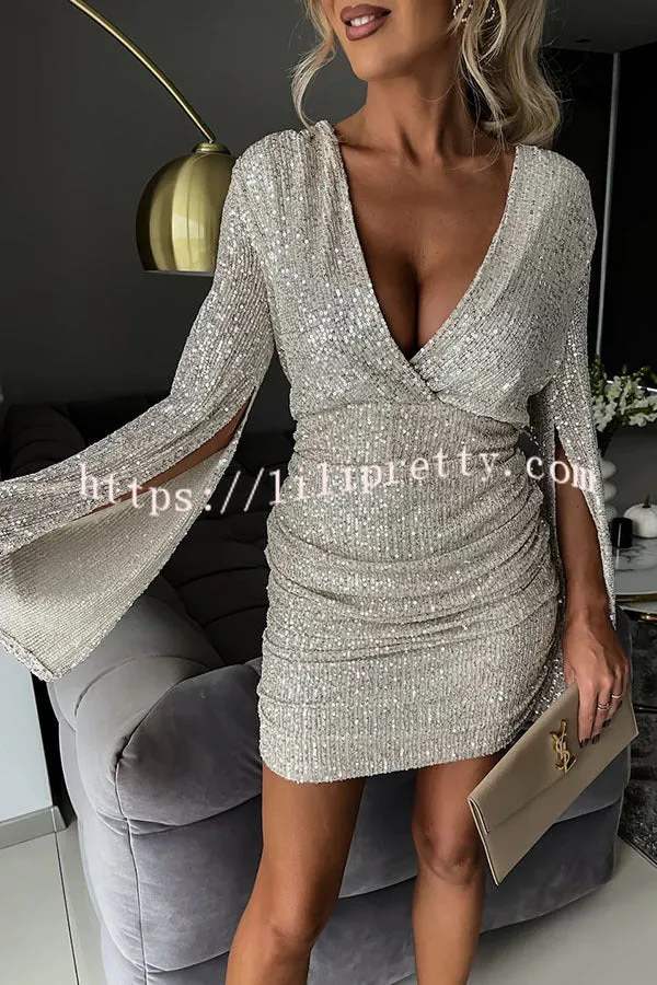 Outshining Everyone Sequin Cape Sleeve Ruched Backless Mini Dress