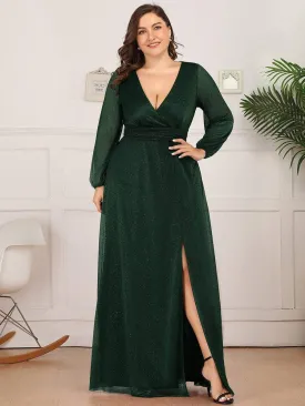 Plus Size V-Neck Shiny Puff Sleeve Evening Dress for Women