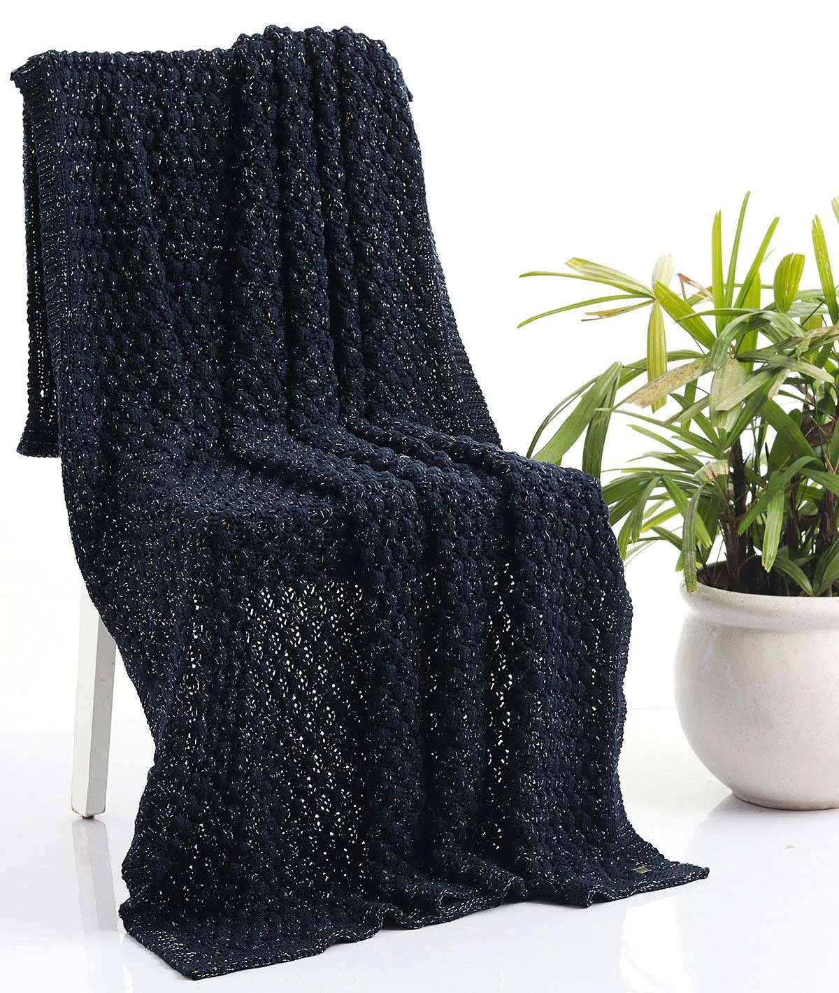 Popcorn - Navy with Silver Metallic Yarn 100% Cotton Knitted All Season AC Throw Blanket