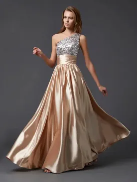 Prom Dresses Sparkle & Shine Dress Party Wear Floor Length Sleeveless One Shoulder Charmeuse with Pleats Sequin