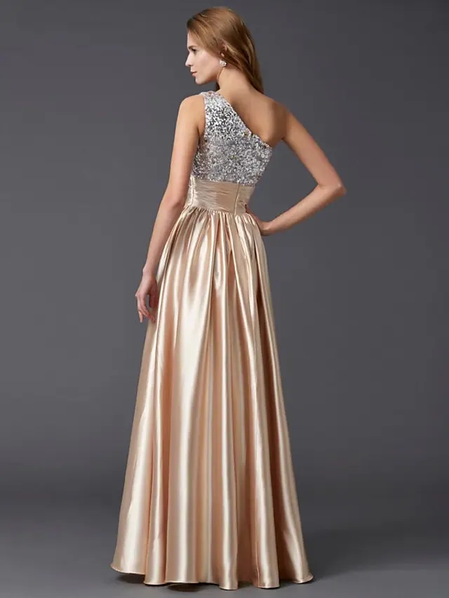 Prom Dresses Sparkle & Shine Dress Party Wear Floor Length Sleeveless One Shoulder Charmeuse with Pleats Sequin