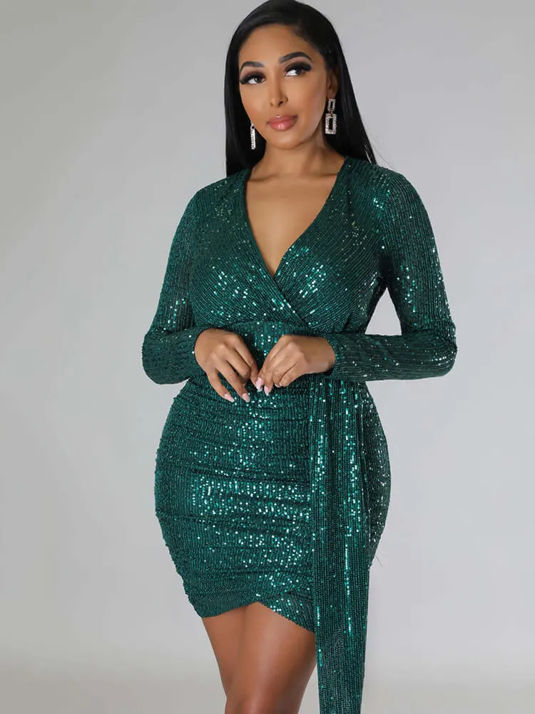 Sequin Long Sleeve Ruched Mini Dresses