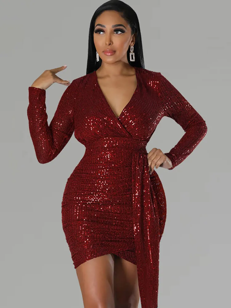 Sequin Long Sleeve Ruched Mini Dresses