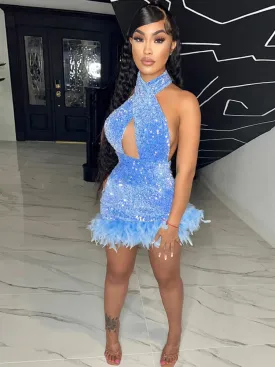 Sequin Sleeveless Halter Neck Feather Mini Dresses