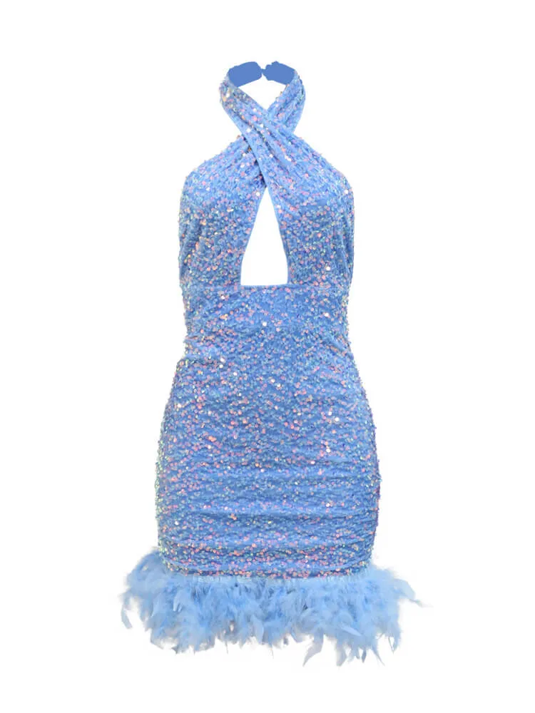 Sequin Sleeveless Halter Neck Feather Mini Dresses